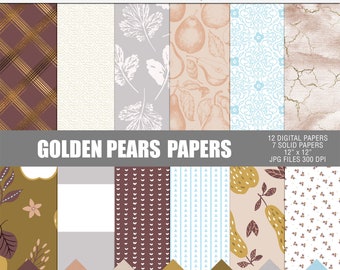 Golden Pears digital papers, Autumn craft papers, Fall digital scrapbook paper, Autumn pattern paper, Printable autumn digital papers