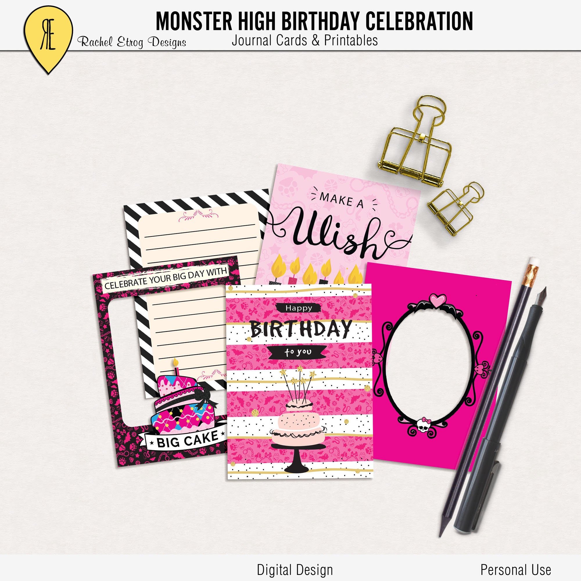 Monster High Birthday Celebration - Journal Cards - Instant Download -  Printable journaling cards Throughout Monster High Birthday Card Template