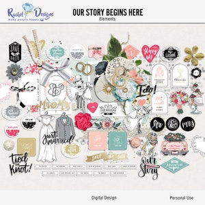 Notre histoire commence ici : Éléments de scrapbooking numérique, Éléments imprimables de mariage, Éléments de mariage hybrides, Éléments numériques mixtes