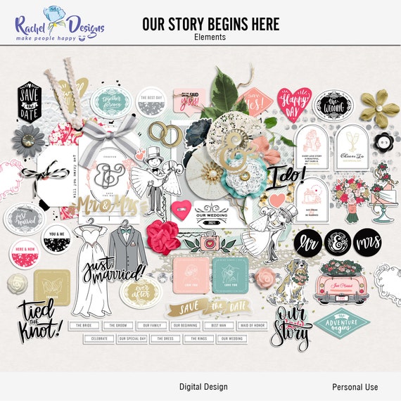 Our Story Begins Right Here Digital Scrapbooking Elements, Wedding  Printable Elements, Hybrid Wedding Elements, Mix Media Digital Elements 