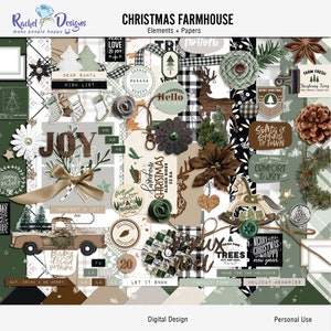 Farmhouse christmas scrapbooking kit, Digital christmas scrapbook elements, Rustic digital christmas paper pack, Christmas craft elements