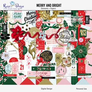 Merry & Bright digital scrapbooking kit, Digital christmas paper pack, Christmas mix media elements, Christmas craft elements and papers