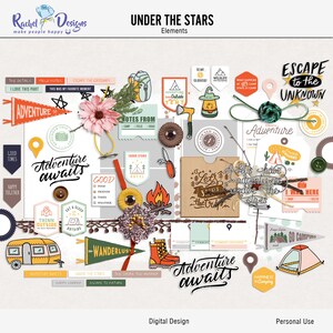 Under The Stars digital elements pack, Digital camping craft elements, Camping printable hybrid elements, Mix media digital outdoor elements