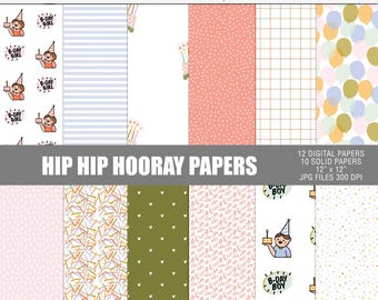 Hip hip hooray digital scrapbook paper, Birthday printable decor papers, Birthday scrapbooking papers, Colorful birthday digital paper pack