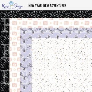May include: Three digital paper patterns featuring a confetti design, a floral design, and a design with the text "New Year" repeated. The text "New Year, New Adventures" is at the top of the image.