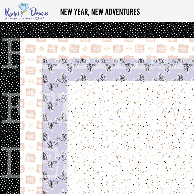 May include: Three digital paper patterns featuring a confetti design, a floral design, and a design with the text "New Year" repeated. The text "New Year, New Adventures" is at the top of the image.
