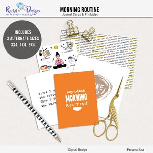 Könnte beinhalten: Ein Satz druckbarer Journalkarten mit dem Text "Morning Routine" und "My Ideal Morning Routine". Die Karten sind in drei Größen erhältlich: 3x4, 4x4 und 6x4 Zoll. Die Karten sind für den persönlichen Gebrauch bestimmt.