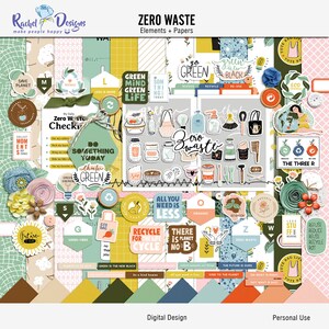 Zero Waste digitales Scrapbooking Kit, Digitale Ökologie Themen-Mix-Medienelemente, druckbares Öko-Themenpapier, druckbare digitale Papiere