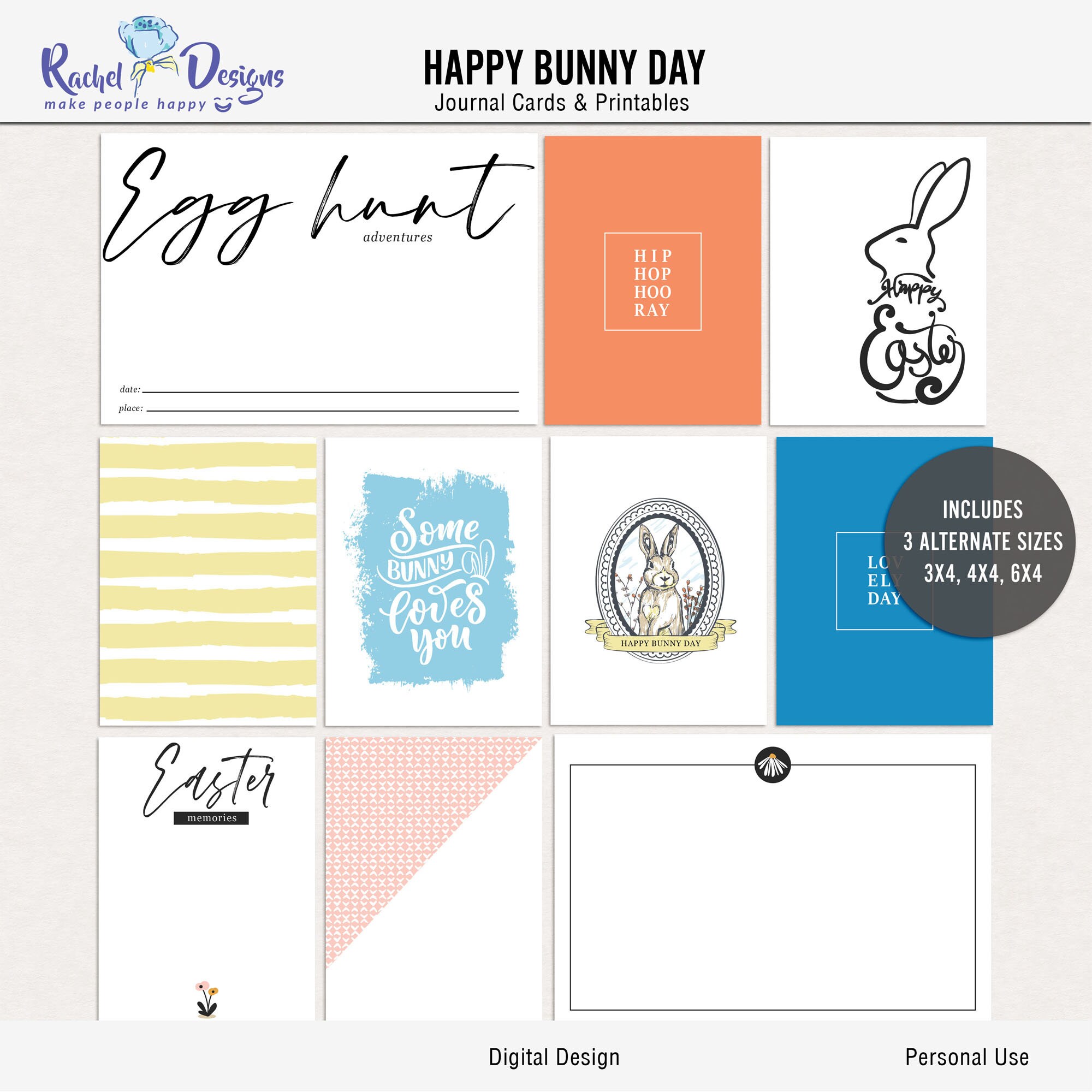 Printable Happy Bunny Day Digital Pocket Cards, Digital Easter Journal ...