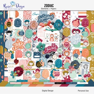 Kit de scrapbooking digital do zodíaco, papéis padrão para impressão de astrologia, papéis artesanais do zodíaco digital, elementos de mídia digital mix do zodíaco