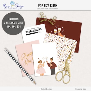 Cartes journal imprimables pop fizz clink, cartes numériques de poche pour le nouvel an, vie de projet imprimable du nouvel an, cartes journal numériques du nouvel an