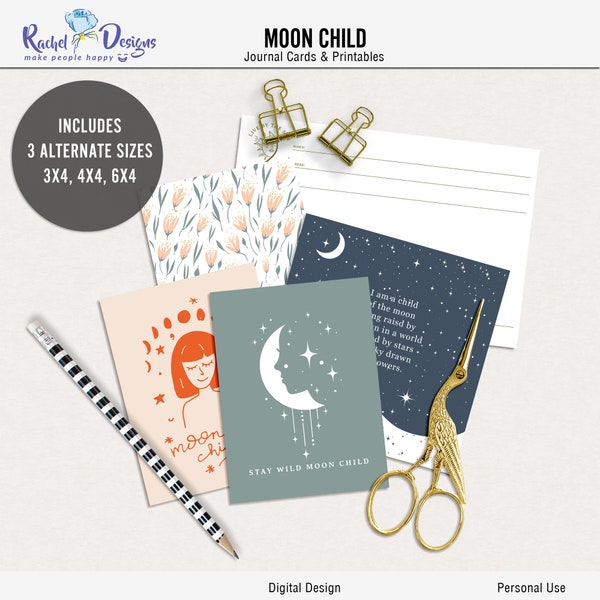 Moon child digital journal card, Moon Child Printable cards, Boho digital project life printable, Boho party printable, Boho card printable