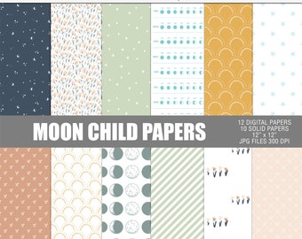 Moon child digital scrapbook paper, Boho craft paper, Moon paper printables, Boho printed paper, Boho scrapbook paper, Boho digital  papers