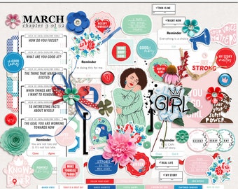 Note to self March digital scrapbooking elements, March printable elements,Women&#39;s day hybrid elements, Mix media digital March elements