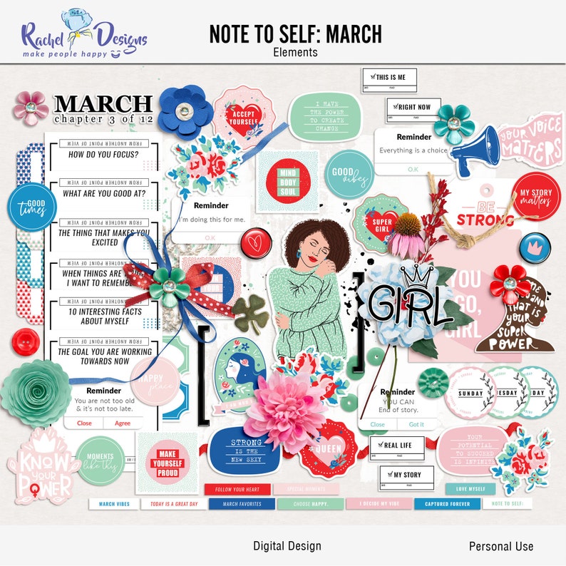 Note to Self March Digital Scrapbooking Elements, March Printable ...