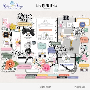 May include: A digital scrapbooking kit with a variety of elements related to photography. The kit includes images of cameras, film, and other photography-related items. The kit also includes text elements such as "Smile Please!" and "Say Cheese!" The kit is designed for personal use.
