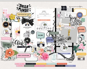 Puede incluir: Un kit de scrapbooking digital con una variedad de elementos relacionados con la fotografía. El kit incluye imágenes de cámaras, películas y otros artículos relacionados con la fotografía. El kit también incluye elementos de texto como "Smile Please!" y "Say Cheese!" El kit está diseñado para uso personal.