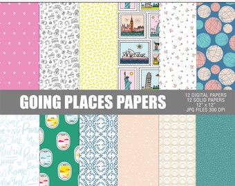 Going places digital paper pack, Printable travel papers, Digital travel scrapbooking papers, Adventure digital pattern papers, Travel Paper