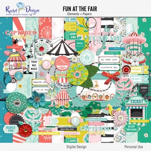 Fun at the fair digital scrapbooking kit, Carnival printable papers, Fun fair mixed media digital scrapbook elements, Digital fun fair paper