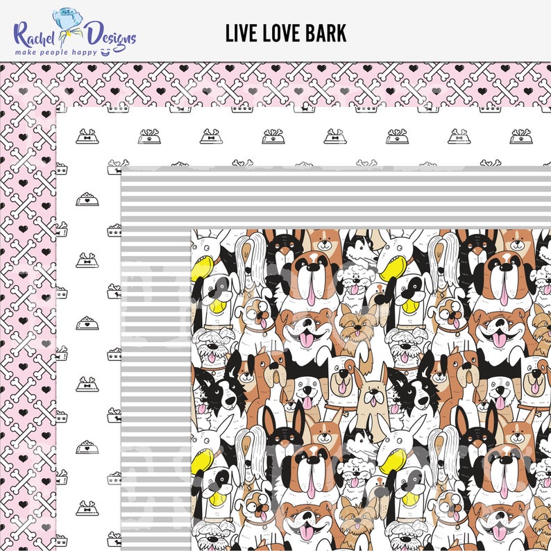 Live Love Bark digital paper pack, Dogs digital craft papers, Digital scrapbooking paper pack, Pets printable craft papers, Dogs DIY papers image 2