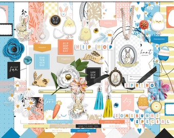 May include: A digital design kit featuring illustrations of bunnies, eggs, and flowers in a pastel color scheme. The kit includes elements for scrapbooking, card making, and other paper crafts. The text "Happy Bunny Day" is featured in the design.