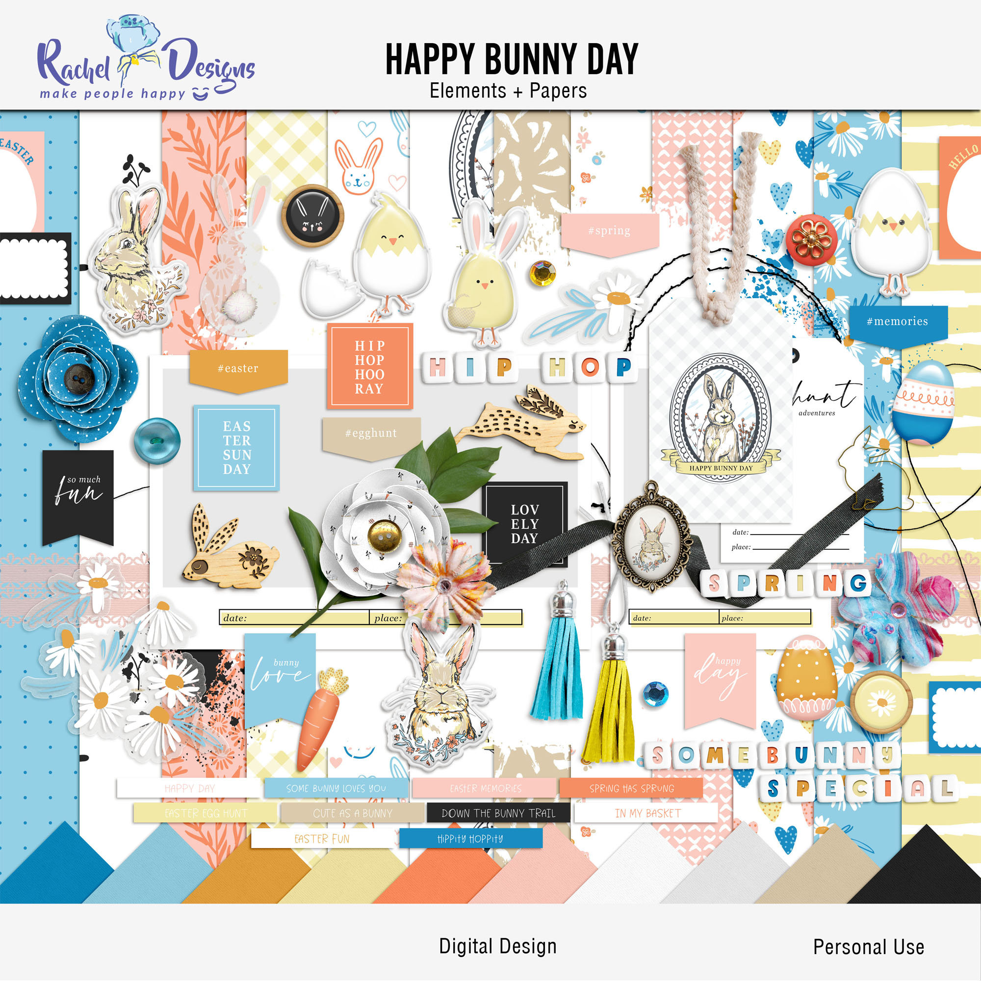Happy Bunny Day Digital Scrapbooking Kit, Printable Bunny Paper Pack ...