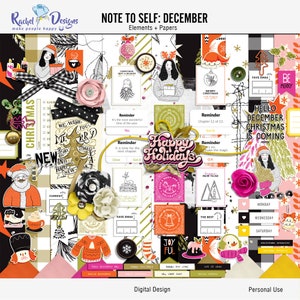Notitie voor jezelf Digitale scrapbookingkit voor december, printbaar kerstpatroonpapier, digitaal knutselpapier, digitale hybride decemberelementen