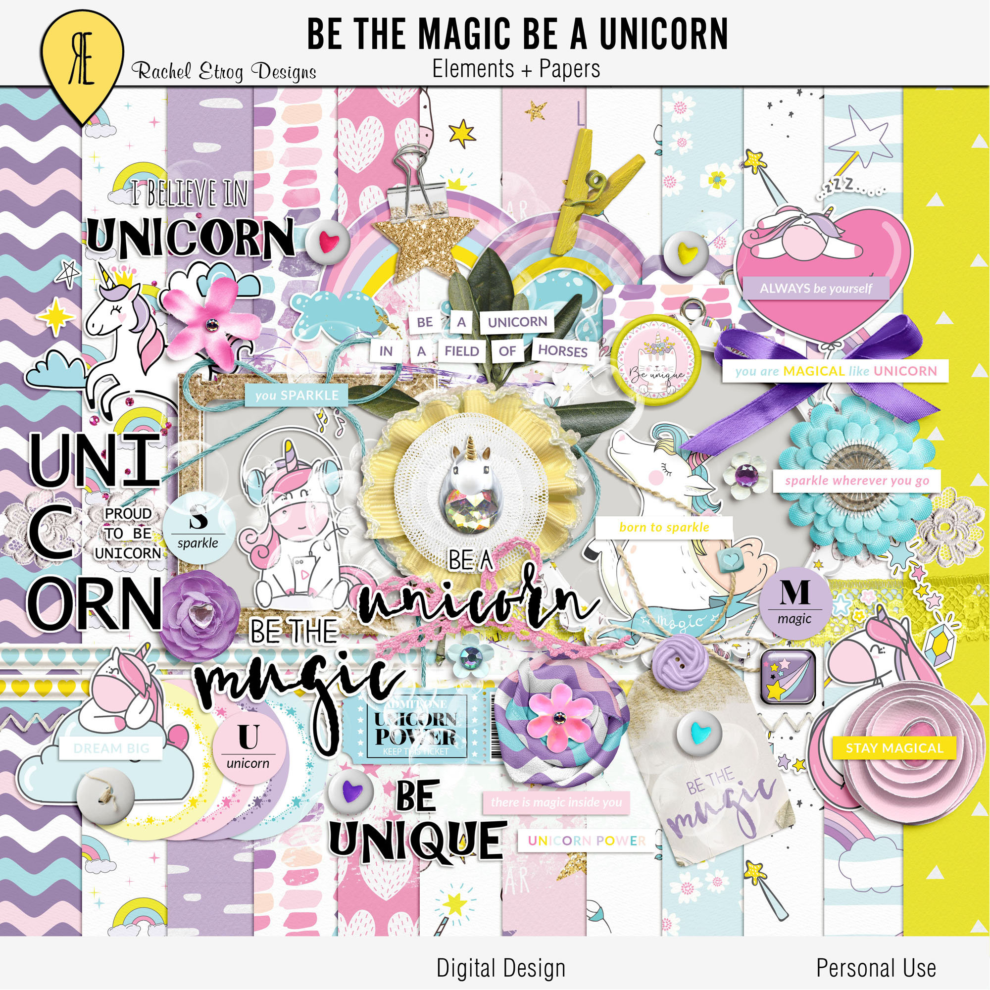Unicorn Digital Scrapbooking Kit, Magic Mix Scrapbooking Elements