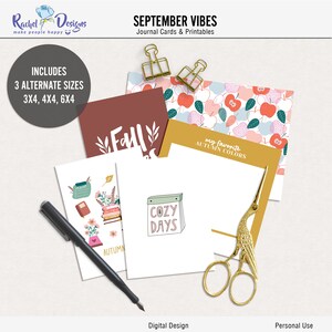 Puede incluir: Un conjunto de tarjetas de diario imprimibles con temas otoñales. Las tarjetas presentan ilustraciones de hojas de otoño, manzanas, un calendario con las palabras "Cozy Days", una tetera, libros y la palabra "Fall". Las tarjetas están disponibles en tres tamaños: 3x4 pulgadas, 4x4 pulgadas y 6x4 pulgadas.