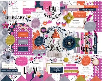 Note à l'intention de soi-même Kit de scrapbooking numérique de février, papiers à motifs imprimables abstraits, papiers créatifs numériques, éléments numériques de mix média de février