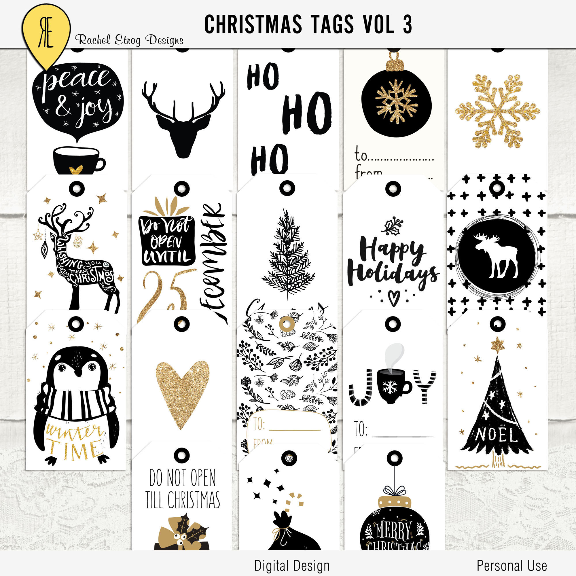 Black and White Christmas Tags, Printable Christmas Tags, Black and ...