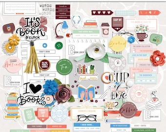 A book and a mug digital scrapbooking elements, Reading printable elements, Hybrid reading theme elements, Mix media digital bookss elements