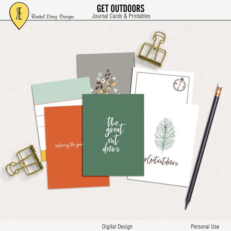 May include: Printable journal cards with nature-themed designs. The cards feature illustrations of flowers, a compass, a pine branch, and text that says "the great outdoors" and "#Getoutdoors".