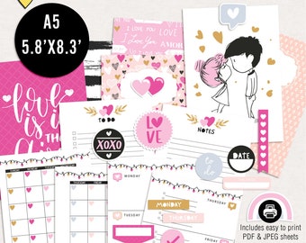 Printable valentine's digital A5 planner, Valentine's A5 planner kit,  Valentine's printable planner stickers, Printable planner stickers