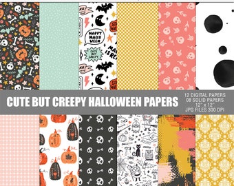 May include: Twelve digital papers and eight solid papers with a Halloween theme. The papers feature cute and creepy designs, including pumpkins, skulls, bats, and stars. The papers are 12 inches by 12 inches and are 300 DPI.
