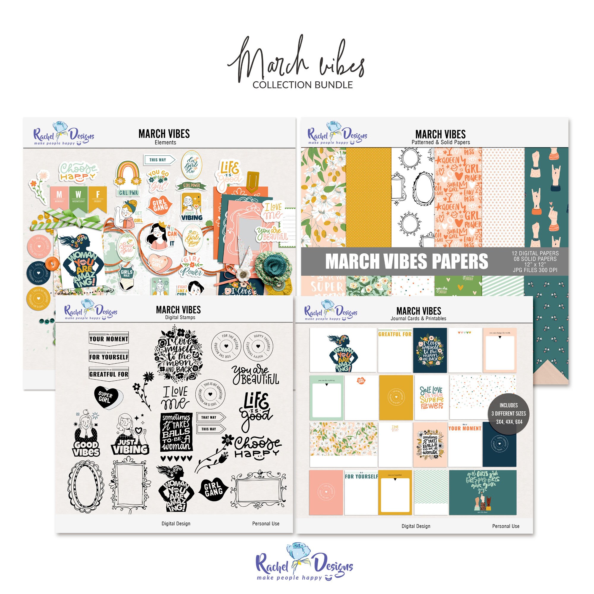 March vibes digital scrapbook collection, Women's day digital elements and papers, Printable cards, Woman digital stamps and clip art