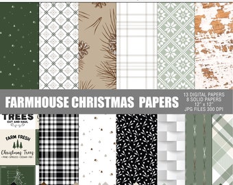 Farmhouse christmas digital paper pack, Rustic digital christmas paper, Printable christmas paper patterns, Digital farmouse papers