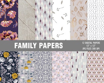 Family paper pack, Digital family pattern, Instant download, Family paper patterns, Digital floral paper pack, Scrapbooking digital paper