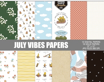 July vibes digital paper pack, Camping digital craft papers, Digital scrapbooking paper pack, Adventure printable craft papers