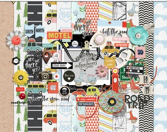 Road Trip Digital scrapbooking kit, Travel scrapbooking elements, Mix scrapbooking elements, Road Trip digital pack, Travel digital pack