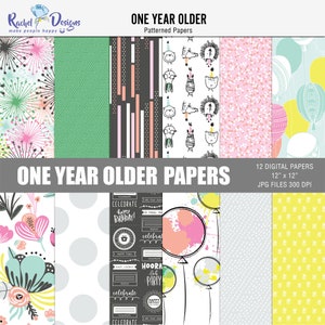 Papel para scrapbook digital um ano mais antigo, papéis de decoração para impressão de aniversário, papéis para scrapbooking de aniversário, pacote de papel digital colorido para aniversário
