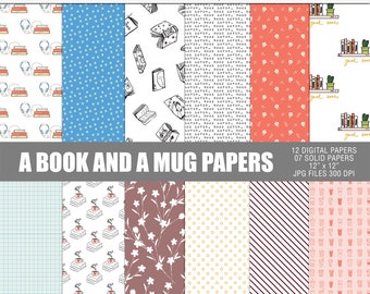 A book and a mug digital paper pack, Printable reading papers, Digital books scrapbooking papers, Reading books craft digital pattern papers