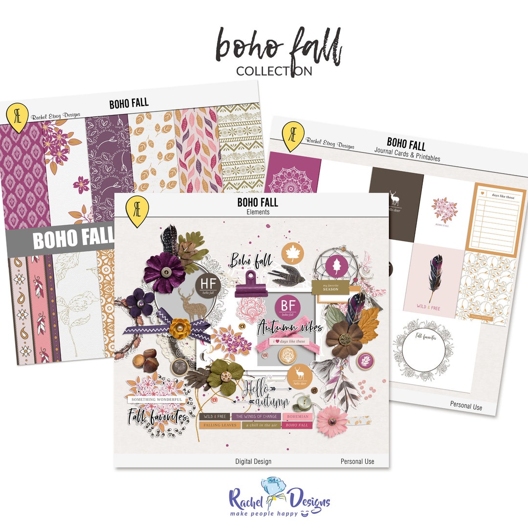 Boho Fall Digital Scrapbooking Collection, Digital Boho Fall Journal ...