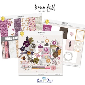Coleção de scrapbooking digital Boho Fall, Cartões digitais de diário de outono boho, Papéis imprimíveis de outono, Elementos digitais de mídia mista de outono