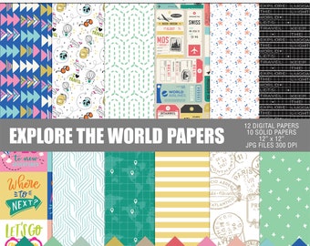 Explore the world digital paper pack, Printable travel papers, Digital travel scrapbooking papers, Adventure digital pattern papers