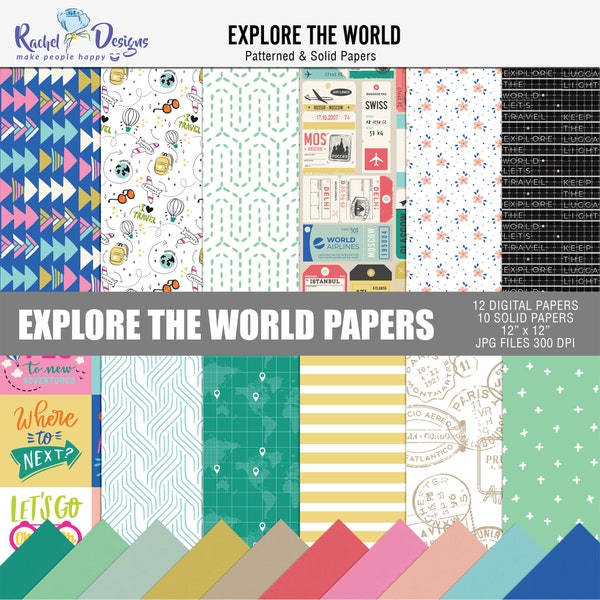 Explore the world digital paper pack, Printable travel papers, Digital travel scrapbooking papers, Adventure digital pattern papers