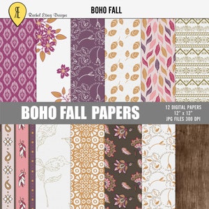 May include: Twelve digital papers with various fall-themed patterns, including floral, geometric, and leaf designs. The papers are 12 inches by 12 inches and 300 DPI.