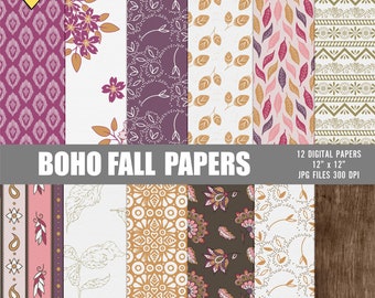 Pakiet papieru cyfrowego Boho Fall, Papiery jesienne do druku, Papiery do scrapbookingu cyfrowego, Papiery cyfrowe boho, Papier cyfrowy do scrapbookingu Fall Floral