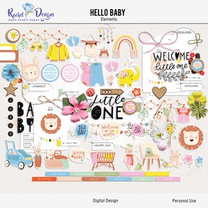 Puede incluir: Un kit de scrapbooking digital con ilustraciones coloridas y texto para manualidades con temática de bebés. El kit incluye imágenes de animales, juguetes y otros artículos relacionados con bebés. El texto incluye frases como "Hello Baby", "Little One" y "Welcome to the World".