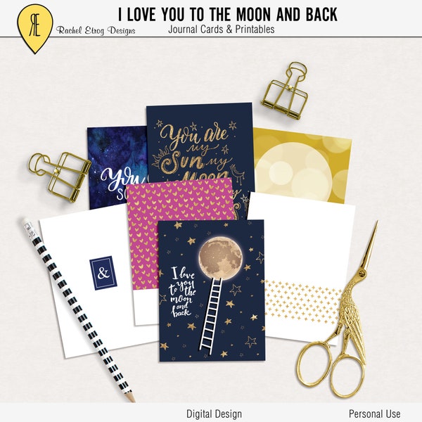 Love you to the moon and back digital journal cards, Digital project life cards, Love journal cards printable, Moon and stars journal cards